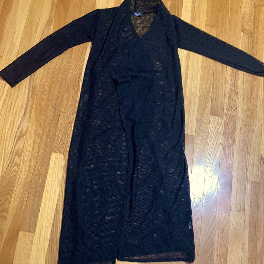 Black mesh cardigan goes past the knees (5’6”)